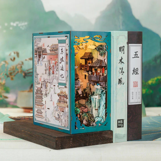 Book Nook L'Écritoire de Brume assemblé et allumé — refuge de lettré chinois miniature
