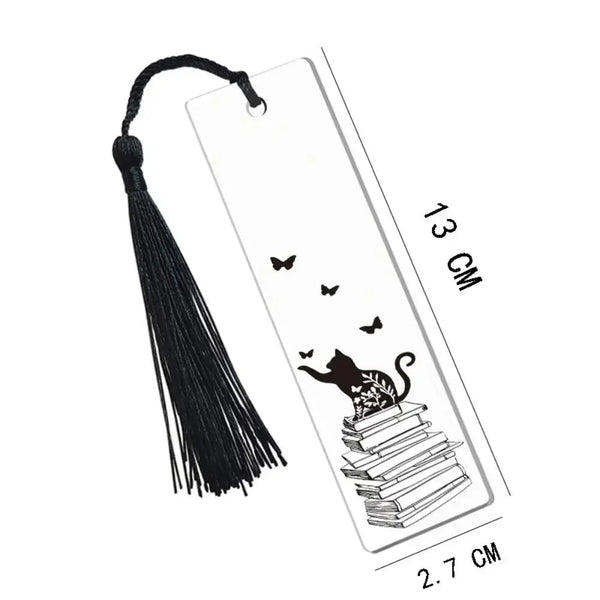 Marque-page en bois d'ébène peint main, chat et pile de livres, L'Atelier des Lecteurs