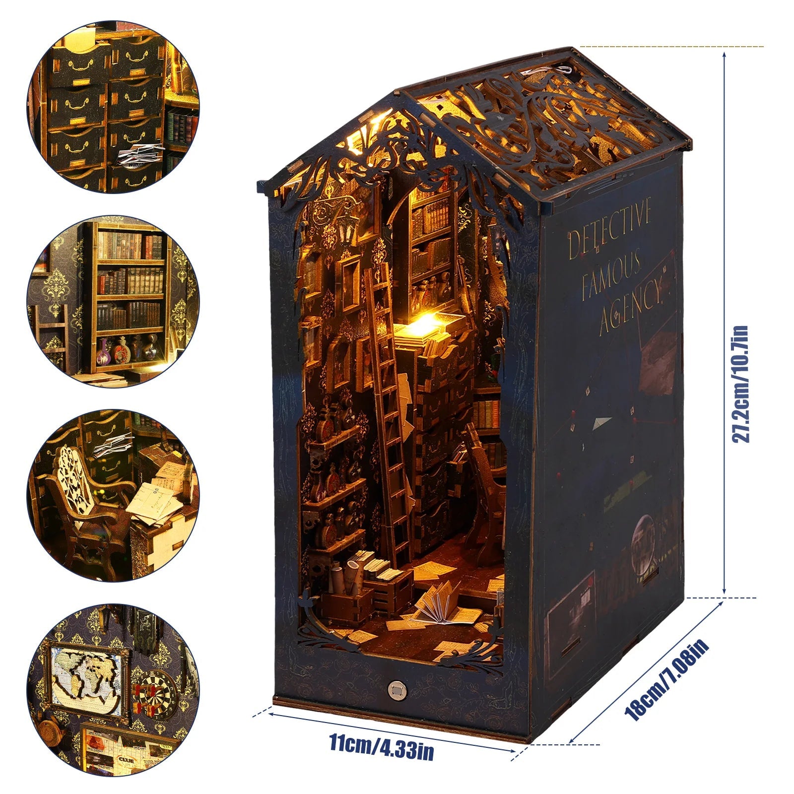 Détail des étagères et livres miniatures de La Bibliothèque Retrouvée