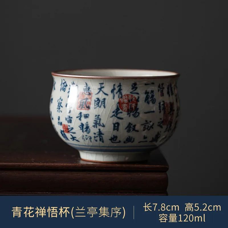 Tasse à thé bleu et blanc, calligraphie des Lettrés ronde 120 ml, L'Atelier des Lecteurs